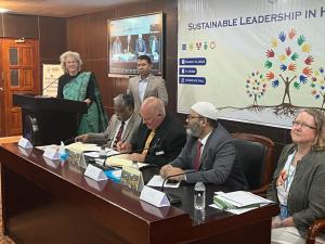 Professor Atiqul Islam, Vice-Chancellor North South University; Professor Scott Bowman, Vice-Chancellor Charles Darwin University; Md. Monirul Islam, Joint Secretary, SDG Affairs, Dr Susan Vize Officer-in Charge, UNESCO Dhaka at signing of MoU