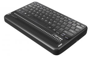 Photo of the Optima Braille Laptop Computer showing the 40-cell braille display, QWERTY keyboard and ports on the side.