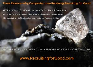 Companies that retain Recruiting for Good for search; find talented professionals with positive values, and placements help us fund The Sweetest Gigs for Kids preparing them for tomorrow's jobs and life #userecruitingforgood #makepositiveimpact #sweetcomp