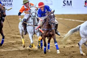 a pair of arena polo players on horses vie for the ball during Texas Arena League