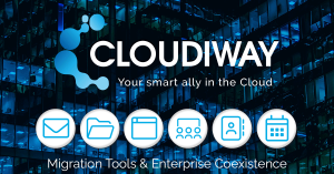Cloudiway logo with different cloud migration tools, mailboxes, files, sites, archives, teams and galsync, free busy.