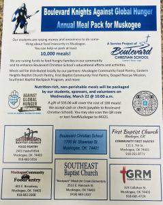 Flyer for Boulevard Christian School food-packaging event