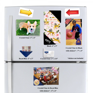 Image contains a refrigerator showcasing several StoreSMART magnetic products including Black, Royal Blue, and Crystal Clear magnetic corners holding several different sized objects. The image also features several of StoreSMART's Lean / Six Sigma Visual.