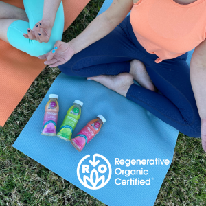 Image of people doing yoga with Regenerative Organic Certified logo