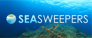 SeaSweepers Logo over image of ghost fishing nets at the bottom of the sea, covering coral and rocks.