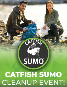CatfishSumo.com trash cleanup event flier. Reward offered for anglers who help protect rivers and lakes by picking up trash.