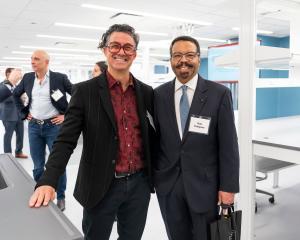 Keynote speakers Derrick Rossi, Ph.D., Interim CEO of New York Stem Cell Foundation, and Roderic I. Pettigrew, Ph.D., M.D., CEO of Engineering Health, tour the Center for Engineering and Precision Medicine at its grand opening on March 29, 2023 in New York City.