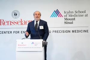 2)	Dennis S. Charney, M.D., the Anne and Joel Ehrenkranz Dean of Icahn Mount Sinai, speaks at the grand opening for the Center for Engineering and Precision Medicine on March 29, 2023 in New York City.