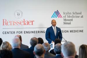 New York City Mayor Eric Adams speaks at the grand opening for the Center for Engineering and Precision Medicine on March 29, 2023.