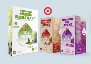 This is an image of our new Tea Drops Matcha Bubble Tea Kit, Ube Latte Kit and Chai Latte Kit which are now available at Target.