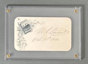 Genuine signature of Ulysses S. Grant, in brown ink, on a stock type calling card with green decorative printing. It’s dated Oct. 15, 1880 and is housed in a protective case (est. 600-$900).