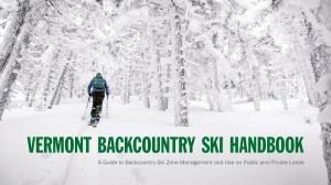Vermont Backcountry Ski Handbook Cover Image - Skier skinning through thick woods blanketed in deep snow