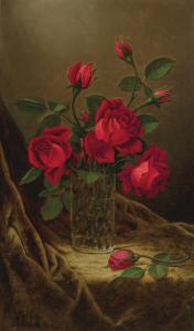 Oil on canvas painting by Martin Johnson Heade (American, 1819-1904), titled Vase of Red Roses (circa 1880s), signed lower left, 20 inches by 12 inches (est. $80,000-$120,000).