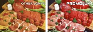 Comparison image of fresh meat and deli products displayed under common LED lighting and Promolux's food-safe spectrum LED lighting. The former shows signs of photo and lipid oxidation, while the latter helps to reduce damage and extend shelf life