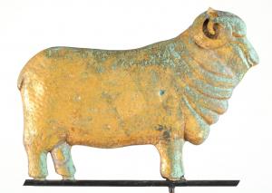 Circa 1880 molded sheet copper merino ram weathervane for the Emery Wool Company in Boston (once the wool capital of the world), 29 inches long (est. $20,000-$40,000).