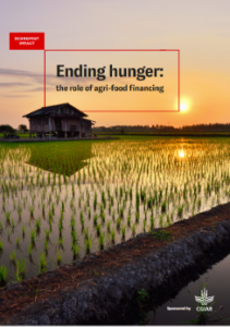 The image shows the front cover of a new report from CGIAR and Economist Impact on agrifood financing to end hunger