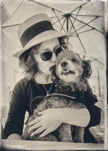 Image of a Glens Falls Art digital tintype of Queensbury Artist KATE BOYLE and her dog Jenny.  images. The authentic tintype was made in Queensbury, NY from a digital photograph taken in Gettysburg, PA.