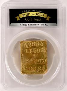 13 troy ounce Kellogg & Humbert gold ingot, expected to sell for $80,000-$100,000. The gold bar, stamped “Kellogg &” and “Humbert”, was valued at just $236.82 in 1857 dollars.