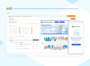 Adit's Treatment Plans Software UI on desktop and mobile screens.