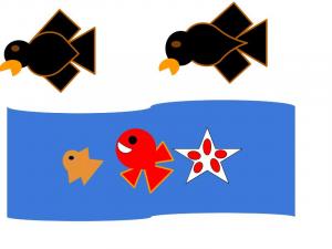 Two Black and gold birds flying, one goldfish, one red fish, and one white and red Starfish all in blue water.