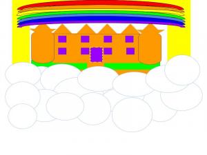 A Gold and Purple mansion covered with a rainbow to reflect that God is colorful in creation.
