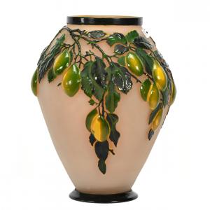 Signed Galle blown mold French cameo art glass vase in the Plum pattern, 13 ¼ inches tall, with incredible two-color green and yellow cameo carved overlay ($9,500).