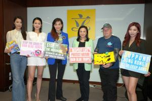 Hong Kong celebrities and socialites come out to support local legislator and animal activists call for Sticky Glue Trap ban. Photographed from left to right, Jolie Chan, Toby Chan, Sharon Kwok Pong, Hon Elizebeth Quat BBS JP, Dr Robert Lockyer, and Khaki Leung