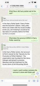 Image of WhatsApp screen showing swotknot.com’s ChatGPT “Winky” learning assistant answering questions in real time during a Harry Potter trivia session.