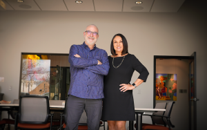 President and CEO Gary Steuer stands next to Board Chair Elaine Torres to announce Bonfils-Stanton's new strategic plan