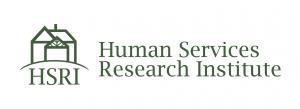HSRI logo shows an image of three houses intertwined with the letters HSRI in green letters below. To the right , the words Human Services Research Institute are in dark green.