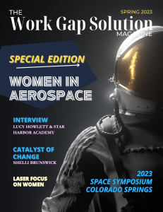 Magazine cover, with image of astronaut in space suite, with reflection on face shield, and outline articles about women in aerospace.