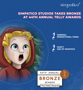 Still from the Runaway Silver™ YouTube trailer with the headline, "Simpatico Studios Takes Bronze at 44th Annual Telly Awards," the list of winning categories, and the 44th Annual Telly Awards bronze winner's badge.