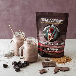 Rockin Wellness Chocolate Cacao, the original superfood, vegan shake & smoothie mix, since 2011