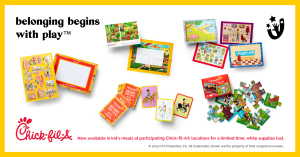 Upbounders® joyfully diverse, screen-free, and inclusive Chick-fil-A Kid's Meal Prizes will include a Sticker Poster, Sticker Postcard, Memory Card Game, Sticker Puzzle, and a Double-Sided Puzzle.