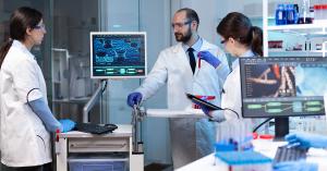 Custom Panels for RT-PCR; Three medical professionals in a laboratory with modern lab equipment.