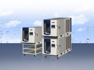 Z-Plus stackable Benchtop Temperature/Humidity Chambers. Shown in stacked and cart-top configurations.