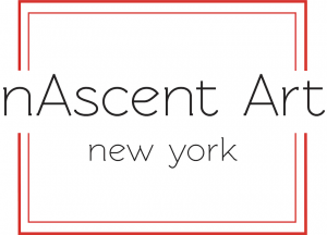 The nAscent Art New York logo features the words "nAscent Art" in thin, modern font, on a white field surrounded by two thin lines of red, like a picture frame. Both lines break to allow the words "nAscent Art" to extend beyond the frame.