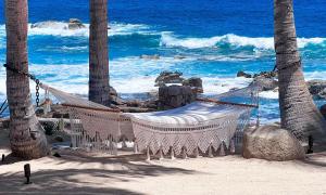 This is a picture of a hammock, tied between 2 palm trees, overlooking the Sea of Cortez