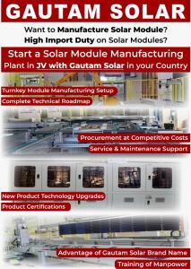 Images of Robotic Layup, Conveyor Machines, Stringers and Laminators used in Solar Module Manufacturing on a graphic for Joint Venture between Gautam Solar and prospective partner