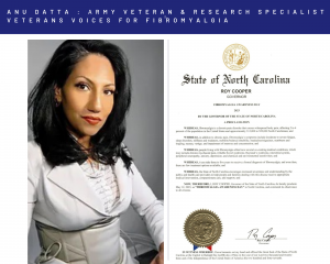 Anu Datta, Army Combat Veteran & Member of Veteran Voices for Fibromyalgia gets support of North Carolina Governor Ray Cooper for Historic State Proclamation for Recognizing Fibromyalgia.