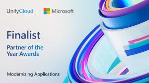 Graphic highlighting UnifyCloud being named Finalist for the 2023 Microsoft Modernizing Applications Partner of the Year Award