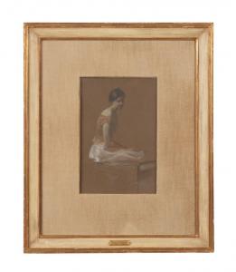 Pastel on medium light brown paper by Thomas Dewing (American, 1851-1938), titled Study in Orange and Rose (1909), exhibited at The Brooklyn Museum in 1996 ($39,325).