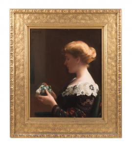 Oil on canvas painting by William W. Churchill (Mass., 1858-1926), titled Portrait of Lady with Pitcher (1910), depicting a seated blonde woman holding a small ceramic pitcher ($39,325).