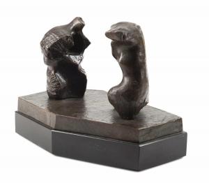 Bronze sculpture on a black marble base by Henry Spencer Moore (British, 1898-1986), titled Two Torsos, depicting two torsos in movement, 6 ¾ inches tall, signed ($24,200).