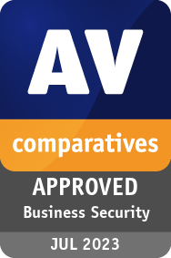 AV-Comparatives Award plus Logo for certified products of Business Security Test 2023 July 2023.
