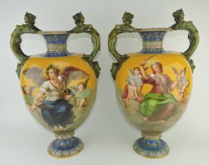 Pair of majolica Renaissance Revival vases, circa 1860, probably exhibited at the London International Exhibition of 1862, painted by Thomas Kirkby (est. $15,000-$20,000).