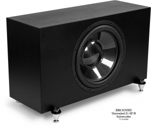 RBH Sound Unrivaled 21-inch subwoofer in black, angled with no grille