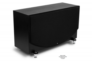 RBH Sound Unrivaled 21-inch subwoofer in black, angled with grille