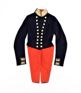 Circa 1847-49 officer’s artillery coatee (tight-fitting uniform coat) worn by Julius Adolphus De Lagnel, with blue superfine broadcloth body, a red leather belt and skirts (est. $3,000-$5,000).