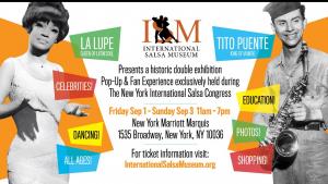 Poster of ISM's Pop-Up Event Promo features  singer La Lupe in a dress and musician Tito Puente in his Navy uniform with information.